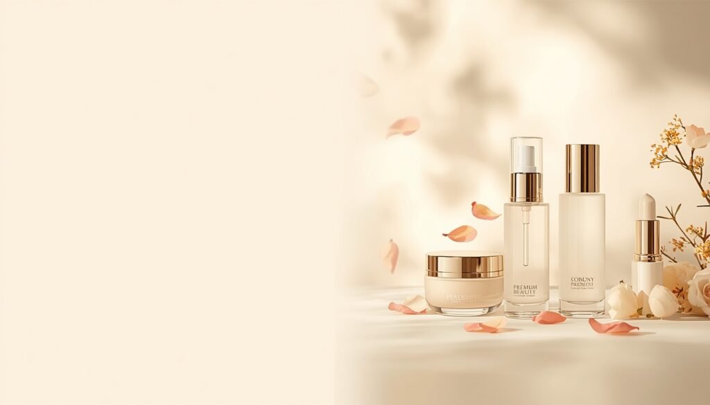 **Prompt:**
Luxury Korean-inspired skincare ecommerce hero banner for a premium global beauty brand, wide 16:9 website banner, elegant minimalist composition, warm ivory and soft beige background, high-end editorial beauty photography.
On the RIGHT side: a sophisticated arrangement of premium skincare products including elegant glass serum bottles, a facial cream jar and a luxurious balm stick, subtle rose petals and delicate botanical elements, soft natural shadows, glossy glass reflections, clean cosmetic styling.
On the LEFT side: large clean negative space with a smooth light background, intentionally empty for website headline and call-to-action button.
Modern K-Beauty aesthetic, refined luxury, clean beauty, soft glowing atmosphere, sophisticated European and Korean skincare visual identity, premium cosmetics advertising, photorealistic, realistic textures, soft studio lighting, subtle depth of field, elegant and timeless, high-end fashion editorial style.
No text, no letters, no logo, no watermark, no brand names, no third-party logos, no packaging labels, no medical claims, no exaggerated effects, no clutter.
Ultra realistic, commercial beauty photography, premium ecommerce website hero image, high resolution, sharp product details, balanced composition, professional art direction.